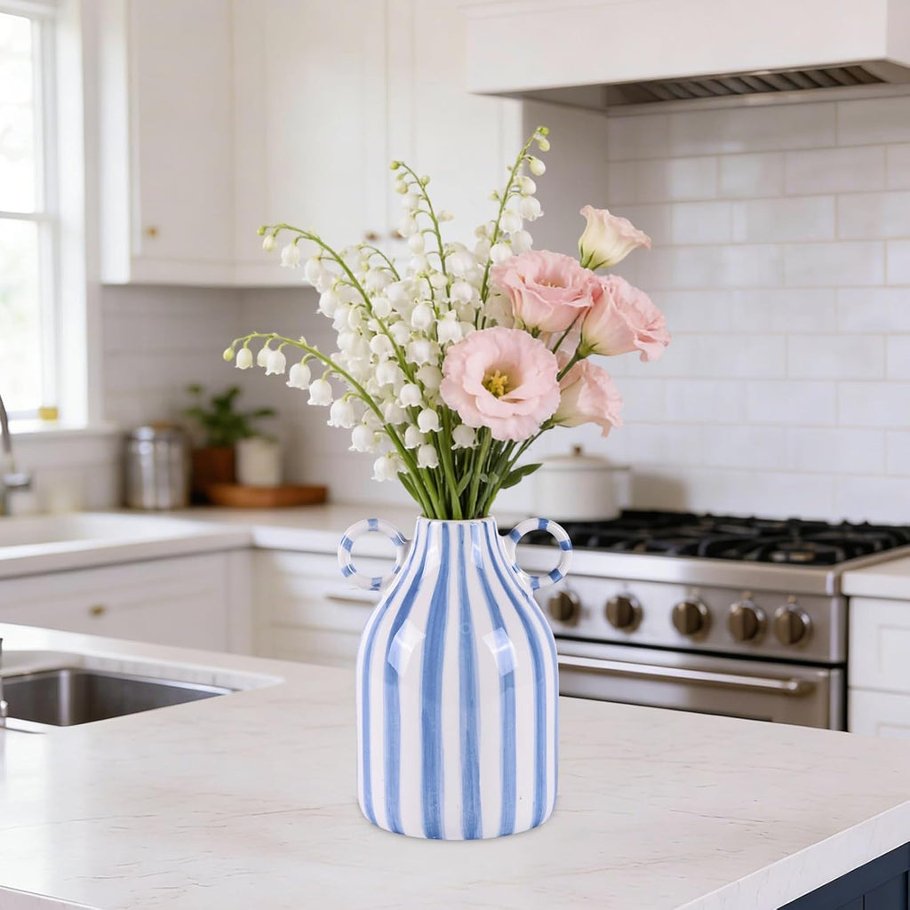 Blue and White Ceramic Vase with Handle, Nordic Boho Small Vases Side Table Flower Centerpiece, Wide Mouth Single Flower Vase Pampas Grass Decorative - for Home Window Sill Living Dining Room Kitchen