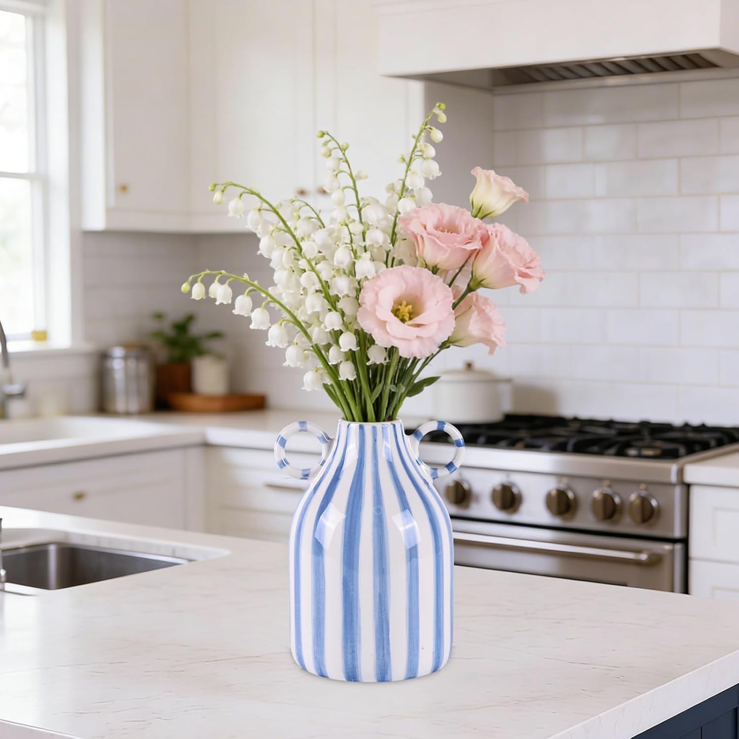 Blue and White Ceramic Vase with Handle, Nordic Boho Small Vases Side Table Flower Centerpiece, Wide Mouth Single Flower Vase Pampas Grass Decorative - for Home Window Sill Living Dining Room Kitchen