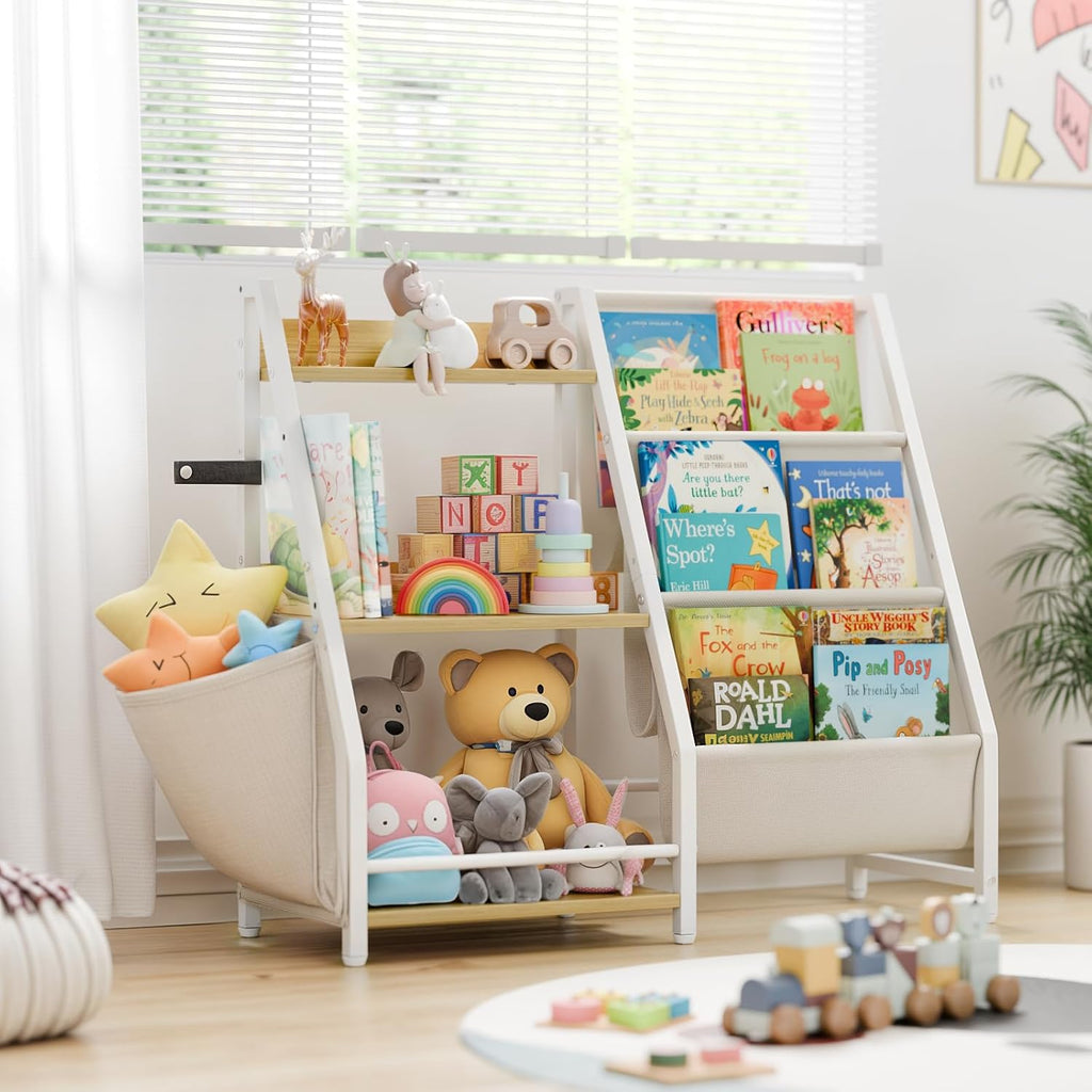 LATIBELL 3 Tier Kids Bookshelf and Toy Storage, Kids Bookcase Book Sling Shelf, Montessori Baby Toddler Bookshelf, Toy Storage Organizer, for Playroom, Bedroom, Nursery (Burlywood)