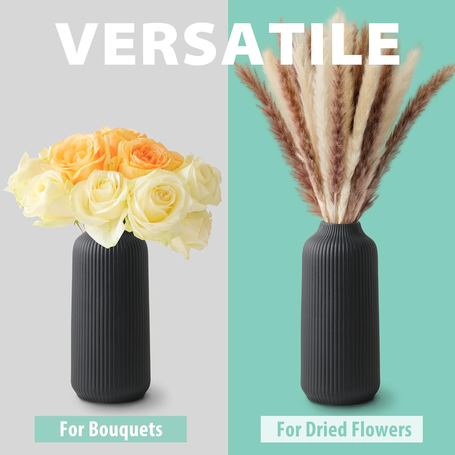flature Ceramic Vase in Nordic Style, Decovase Large for Pampas Grass as Boho Deco, Vase Black Matt 8 inch for Flowers, Scandinavian Design Home Decoration for Fresh Flowers, Dried Flowers (Size M)