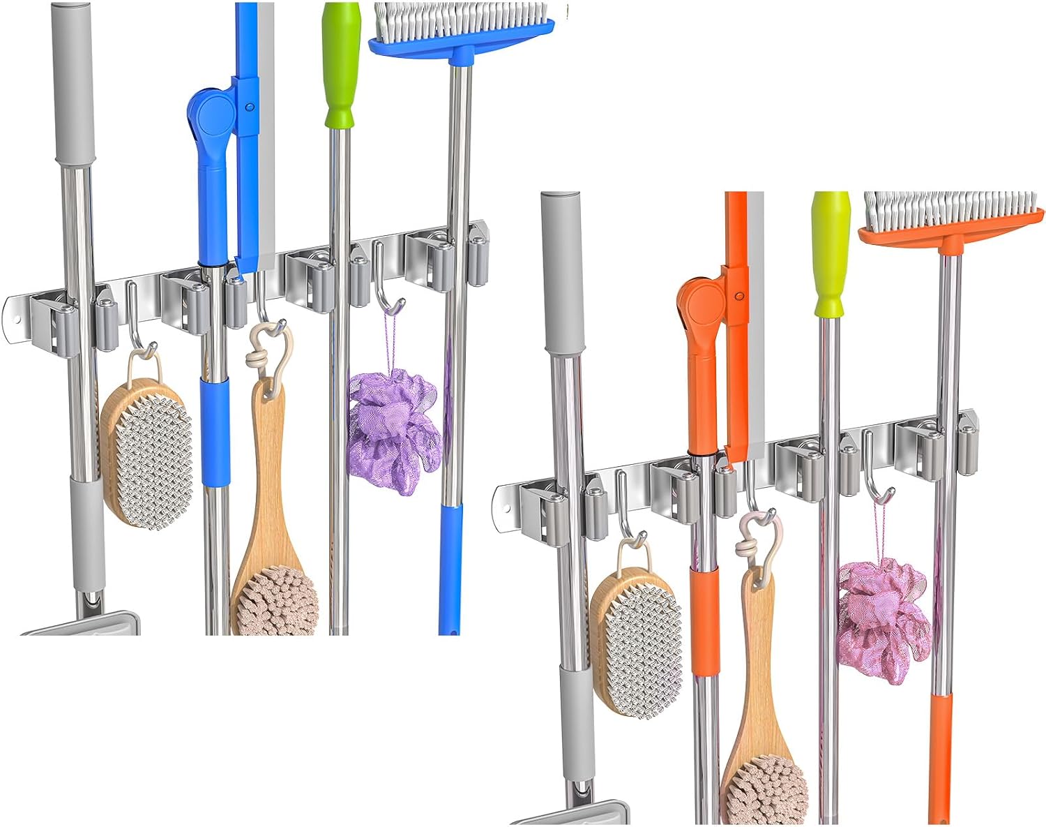2 Pack Broom Mop Holder Wall Mount, Broom Organizer Mop Hanger Storage Tool Utility Racks Stainless Steel Mop Holder Solid for Home Kitchen Garden Laundry Garage (2, 4 Racks 3 Hooks)