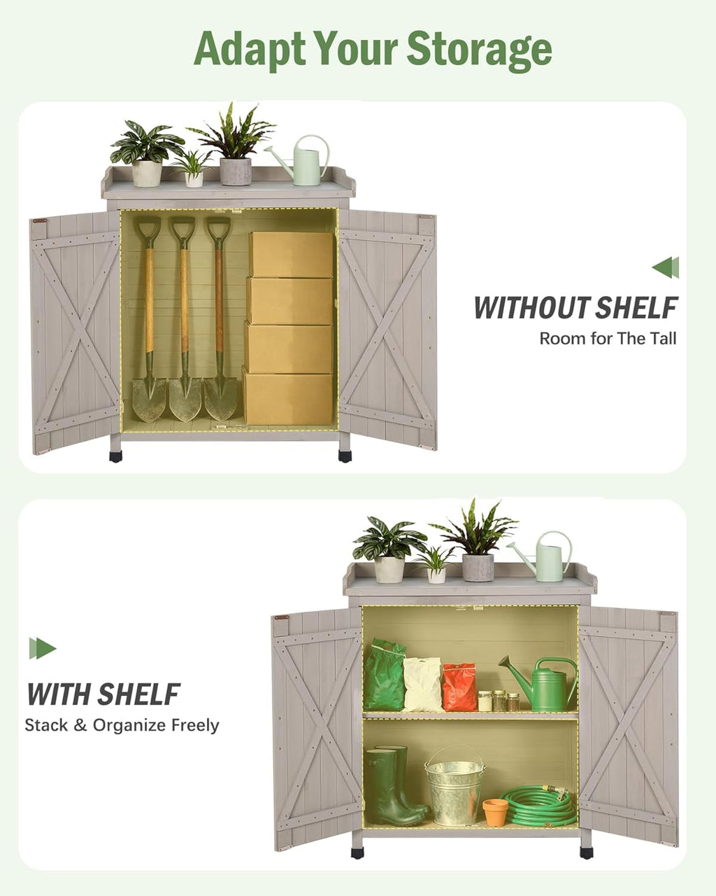 Outdoor Storage Cabinet with Metal Work Top|Waterproof Wooden Potting Bench|Spacious Patio Cabinet with Raised Side Rail for Garden Tools, Backyard,Lawn Gardening|Gray Outdoor Cabinet