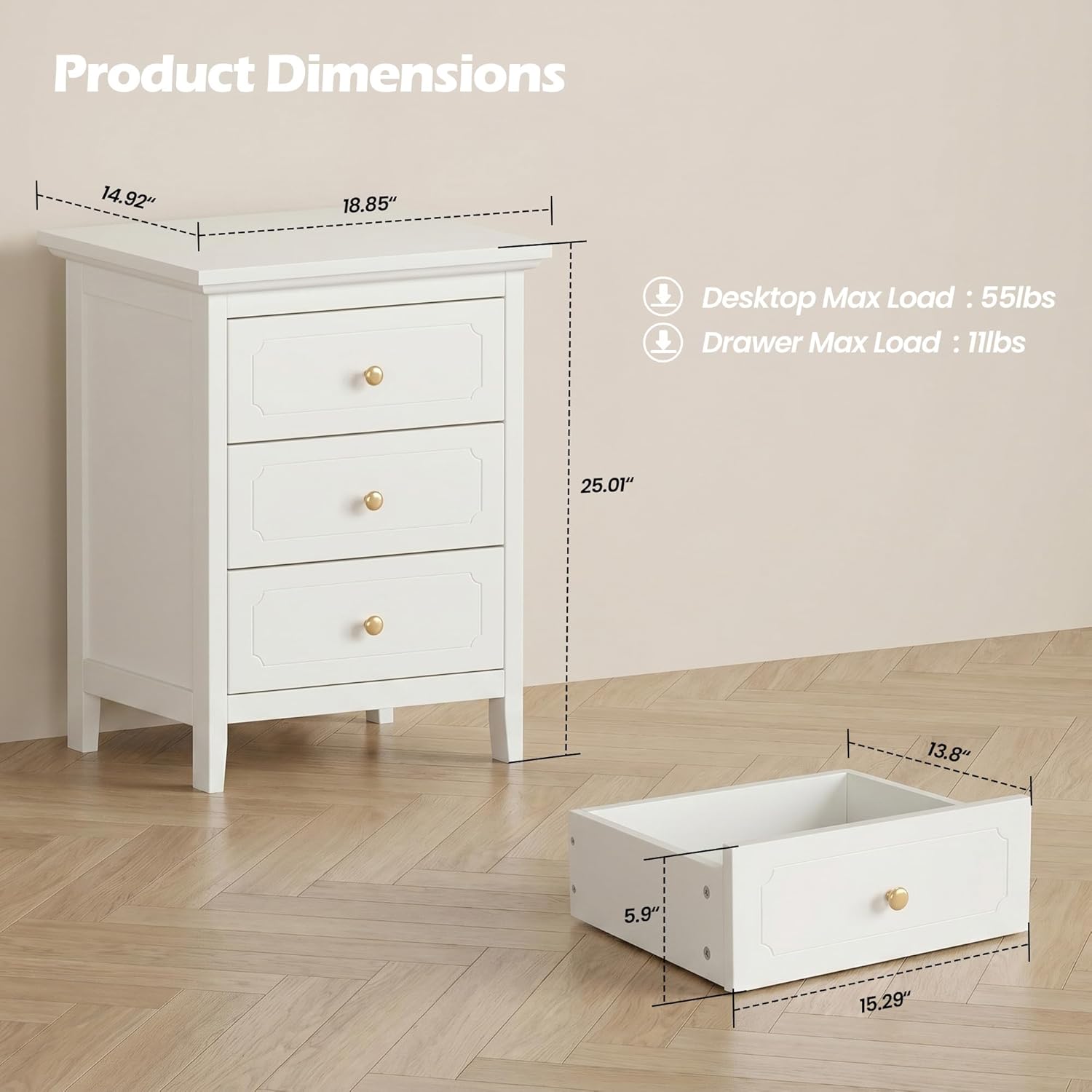 YIGOBUY 3 Drawer Nightstand Set of 2 White Side Table 19" Bedroom Night Stands End Table for Living Room with Storage 2 Set Furniture Bed Side Tables | Living Room, Bedroom, Storage, Furniture