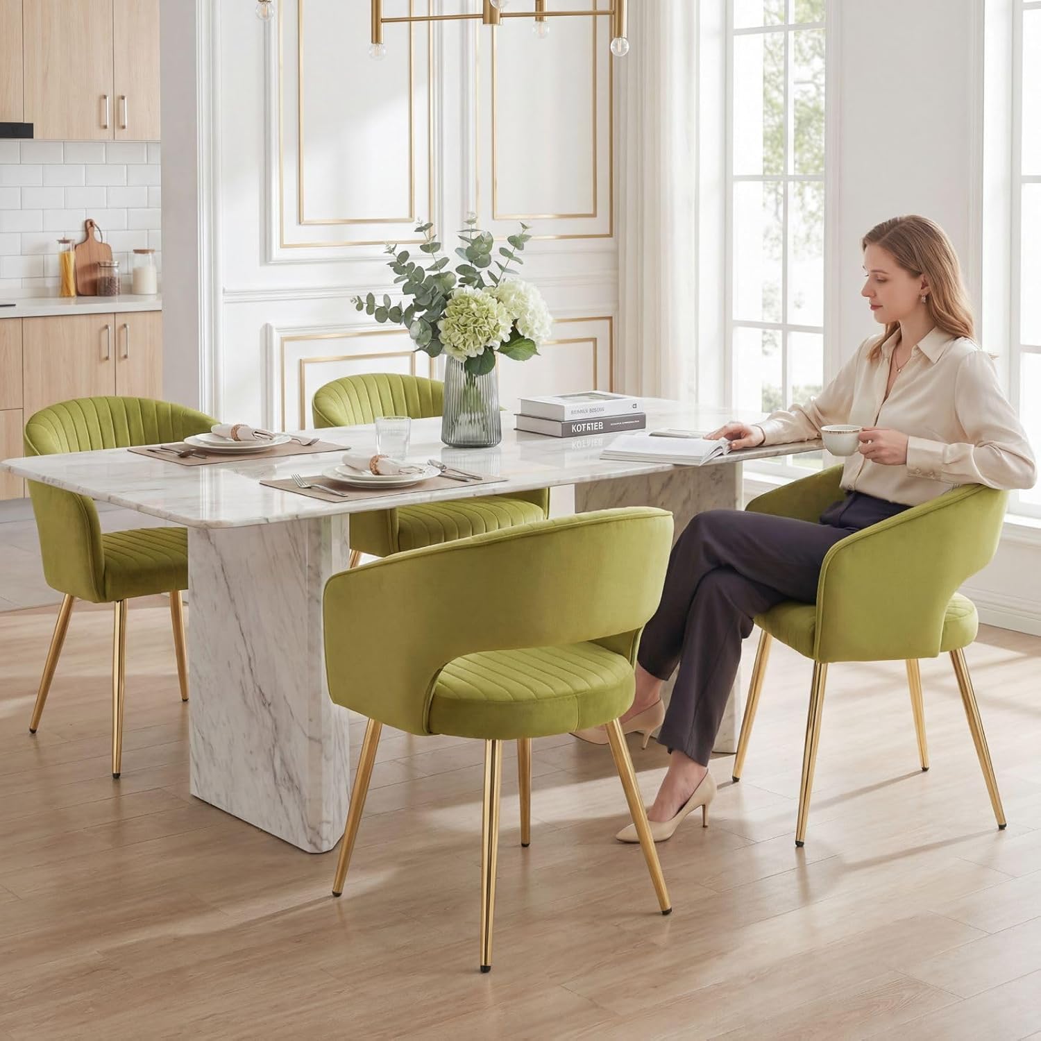 Hyfirm Green Velvet and Gold Dining Chairs, Set of 4 Modern Upholstered Arm Chairs with Hollow Backrest, Tufted Accent Side Chair with Sturdy Metal Legs for Dining Room, Living Room, Kitchen, Salon