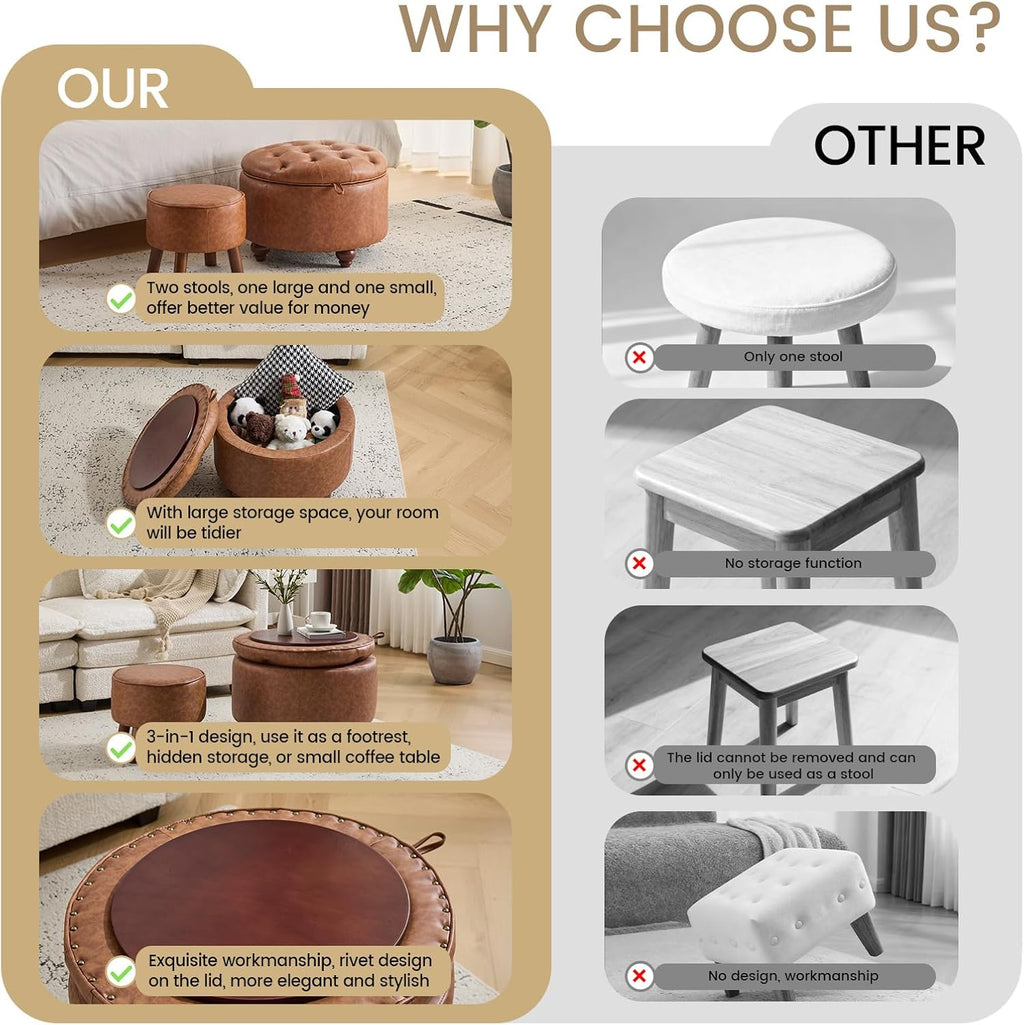 24Inch Round Storage Ottoman, Set of 2, Modern PU Leather Coffee Table with Removable Top, Upholstered Ottoman with Storage Footrest Stool for Living Room, Bedroom (Brown)