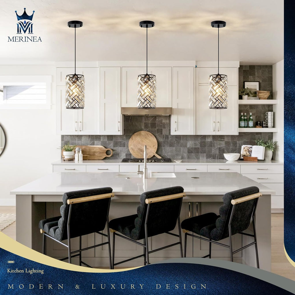Black Crystal Pendant Light Fixture Modern Mini Chandelier Hanging Light for Kitchen Island, Dining Room, Bedroom, Hallway, Living Room, Porch