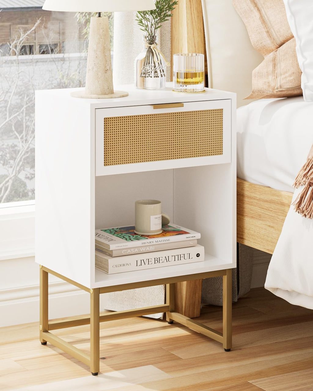 Masupu Rattan Nightstand,Modern Night Stand Boho Farmhouse Wood Bedside Table with Storage Drawer Side End Table for Bedroom,Living Room, White