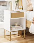 Masupu Rattan Nightstand,Modern Night Stand Boho Farmhouse Wood Bedside Table with Storage Drawer Side End Table for Bedroom,Living Room, White