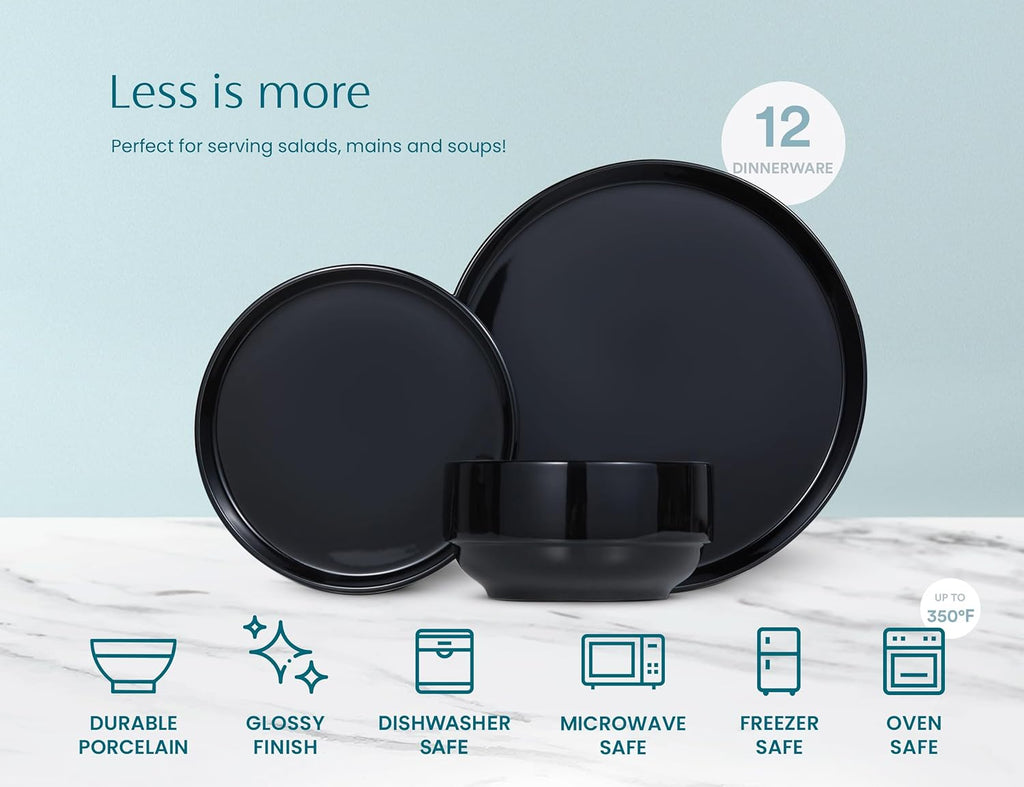 Vase and Vessel Ceramic Dinnerware Set, 12-Piece Service for 4, Soup Bowls (31.5 oz), Salad Plates (7.5"), Dinner Plates (10.5"), Round, Microwave and Dishwasher Safe, Black, Cambridge Classics