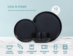Vase and Vessel Ceramic Dinnerware Set, 12-Piece Service for 4, Soup Bowls (31.5 oz), Salad Plates (7.5"), Dinner Plates (10.5"), Round, Microwave and Dishwasher Safe, Black, Cambridge Classics