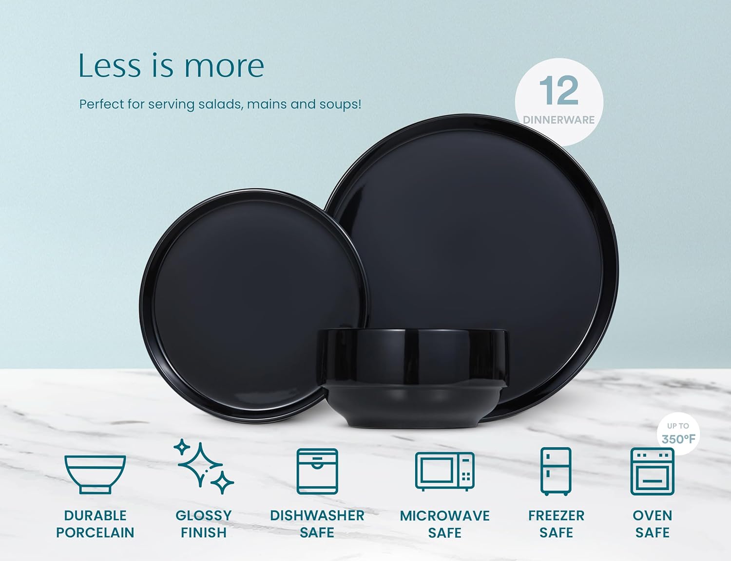 Vase and Vessel Ceramic Dinnerware Set, 12-Piece Service for 4, Soup Bowls (31.5 oz), Salad Plates (7.5"), Dinner Plates (10.5"), Round, Microwave and Dishwasher Safe, Black, Cambridge Classics