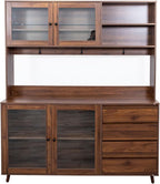 Modern Kitchen Pantry, Freestanding Storage Cabinet with 4 Doors, 4 Drawers & Microwave Shelf, Walnut Color, Easy to Maintain, for Dining Room