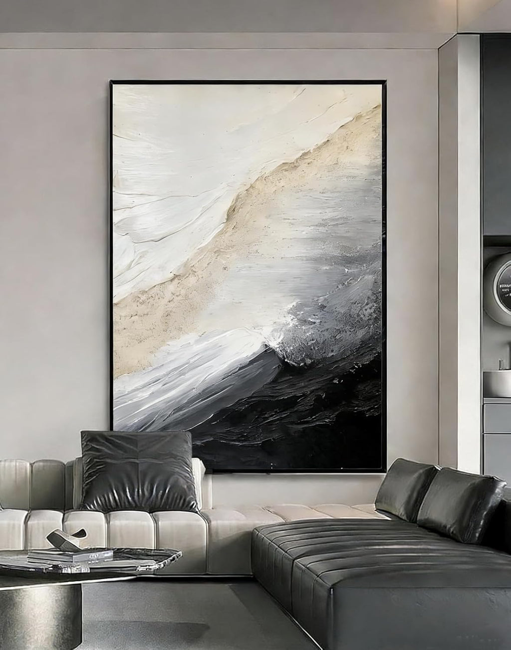 Large 3D Textured Coastal Wall Art in Black and White for Living Room, Hand-Painted Abstract Ocean Wave Oil Painting for Entryways, Modern Minimalist Framed Art for Bedroom Office Decor, Ready to Hang 32" x 48"