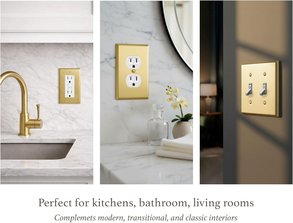 Rio Salto BRASS Brushed Brass Gold Metal Duplex Receptacle Wall Plate Outlet Covers Light Switch Cover Plate – Deco Collection Decorative Wall Plates 10-Pack Standard Size 4.50" X 2.75"