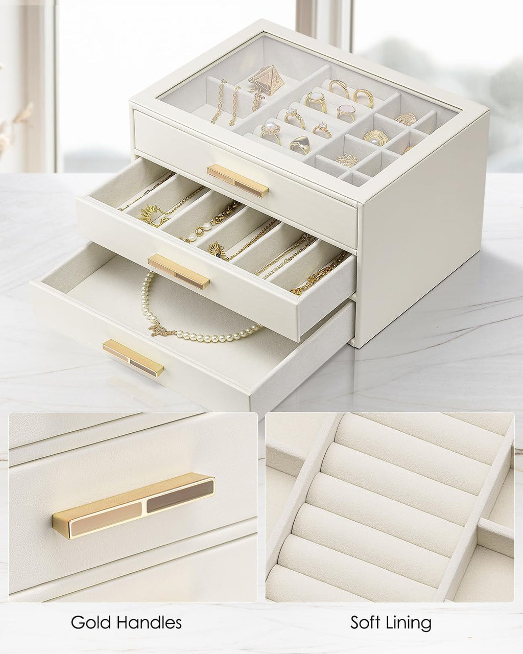VLANDO Jewelry Box for Women, Glass Lid Jewelry Organizer with 3 Drawers for Necklaces Rings Earrings Bracelets Mother Day Gift for Mom - Cloud White