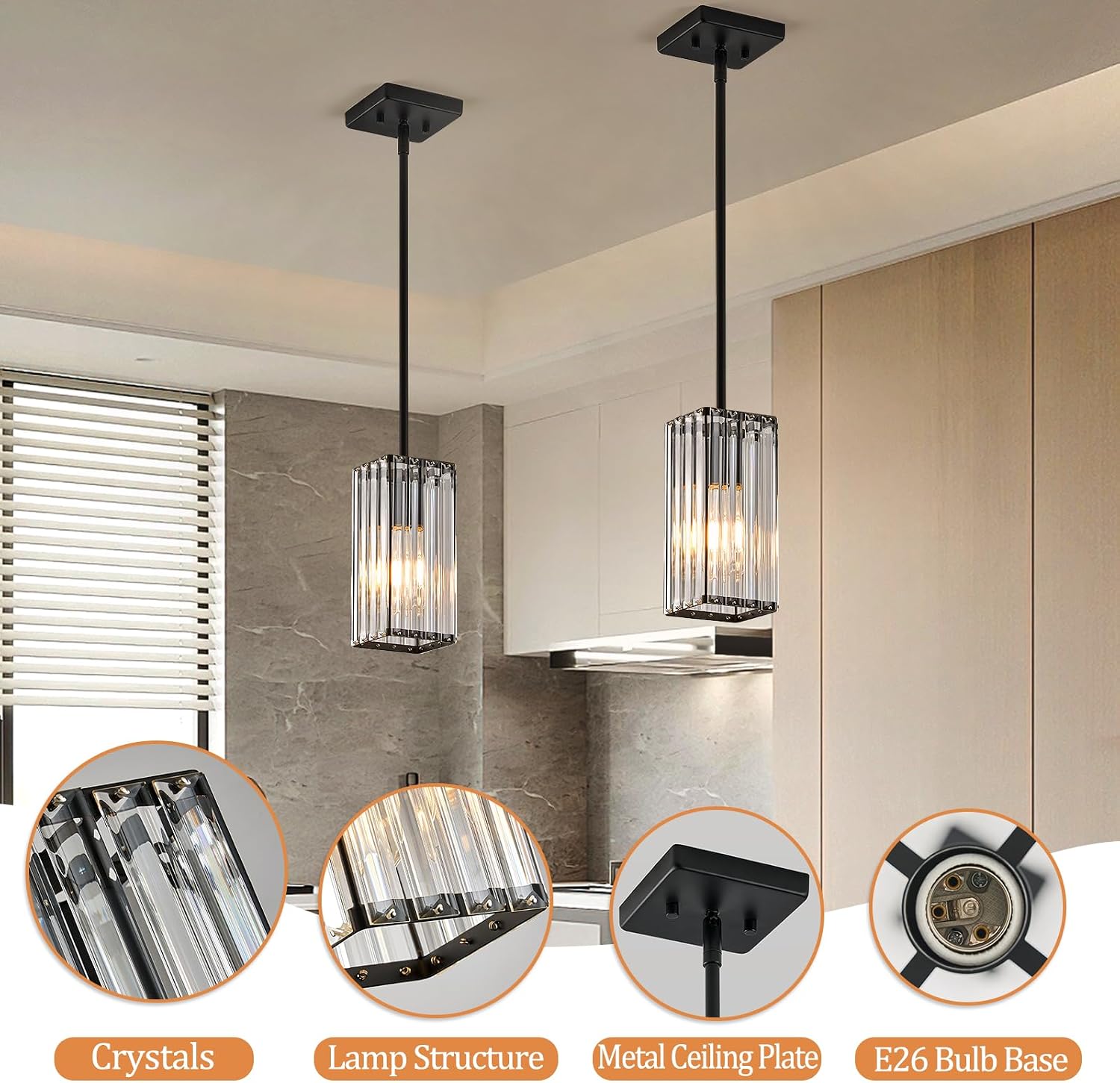 Modern Crystal Pendant Lights Kitchen Island, 3-Pack Black Hanging Light with Clear Crystal Shade, Adjustable Height Pendant Lighting for Kitchen Island Dining Room Bedroom Bar Entryway