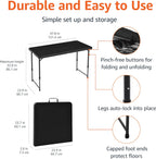 Amazon Basics Portable 4 Ft Rectangular Folding Dining Table, 4 Adjustable Height Settings, Space Saving Fold-in-Half Design and Carrying Handle, Indoor & Outdoor, Washed Black, 47.8 x 23.9 x 33.9 in