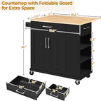 Yaheetech Rolling Kitchen Island Cart with Drop Leaf, Portable Rubberwood Breakfast Bar with Storage Cabinet, Open Shelves & Detachable Towel, 2 Drawers, Black