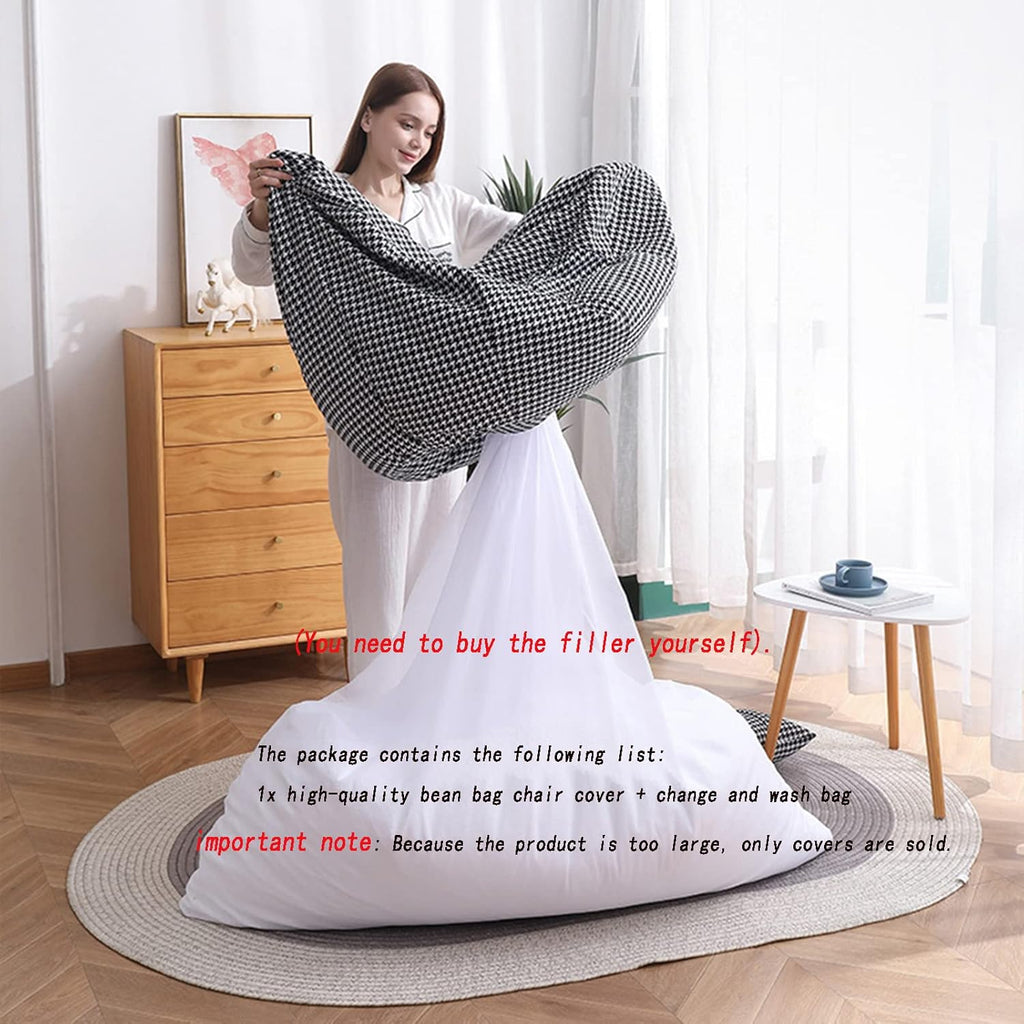 HWOEK Lazy Sofa Bean Bag Chair w/Footstool Lounger Seat - No Filler, Soft Beanbag Cover, Stuffed Animal Storage or Memory Foam Lounger Seat, Beige Yellow Stitching