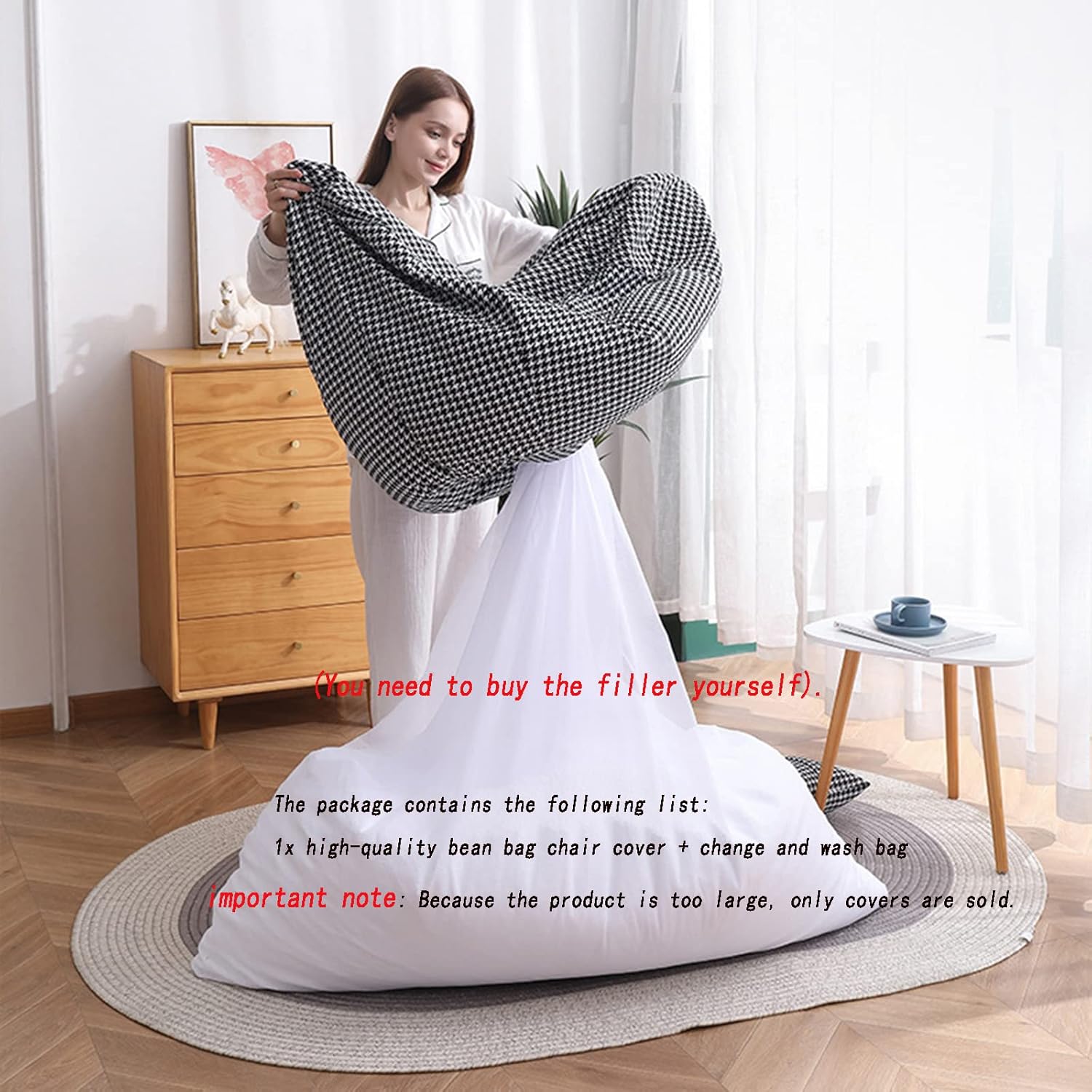 HWOEK Lazy Sofa Bean Bag Chair w/Footstool Lounger Seat - No Filler, Soft Beanbag Cover, Stuffed Animal Storage or Memory Foam Lounger Seat, Beige Yellow Stitching