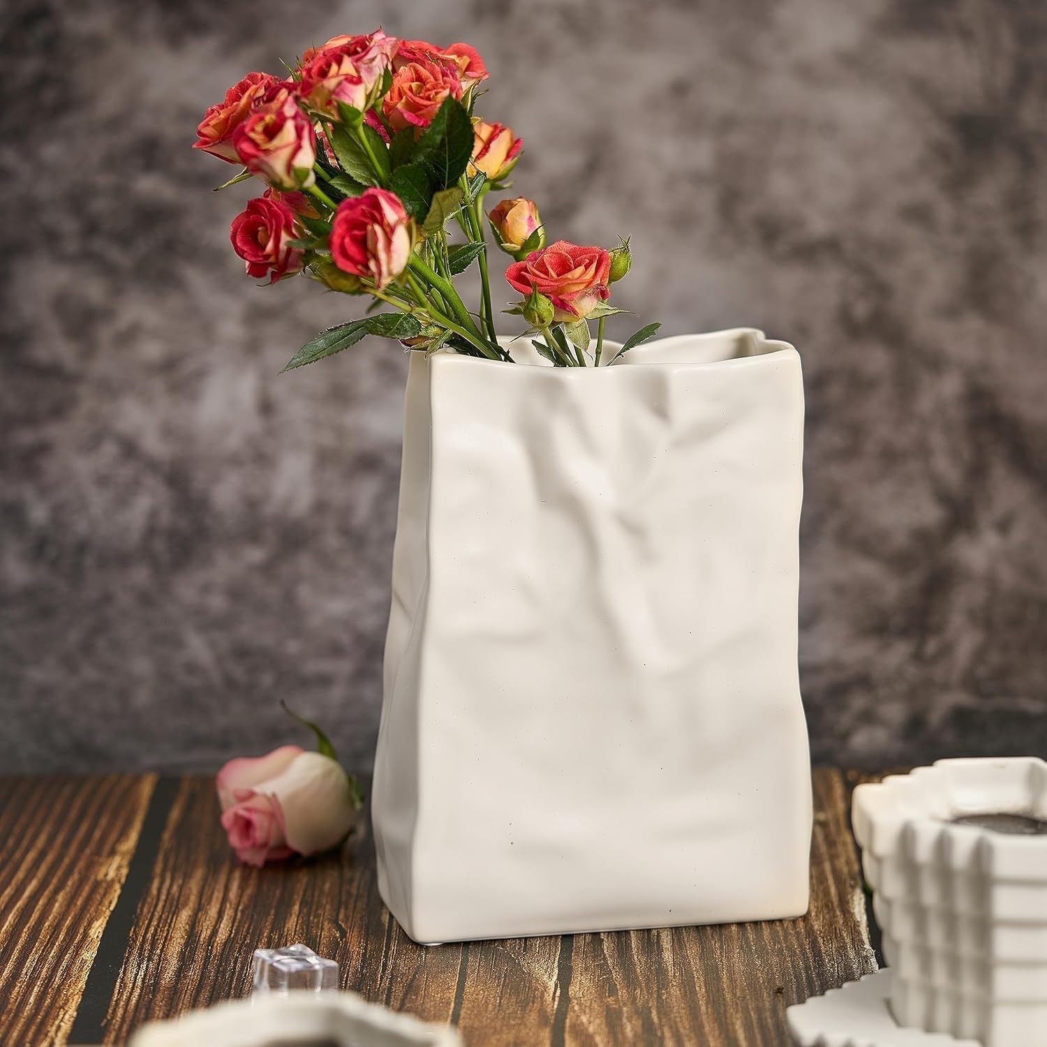Relexome Paper Bag Vase Crinkle Wide Ceramic Flower Vase Cream White Boho Wabi-Sabi Vases, Cute Home Office Living Room Decor Aesthetic Unique Bookshelf Decorative, Bouquet Gifts for Women Girl 8 Inch
