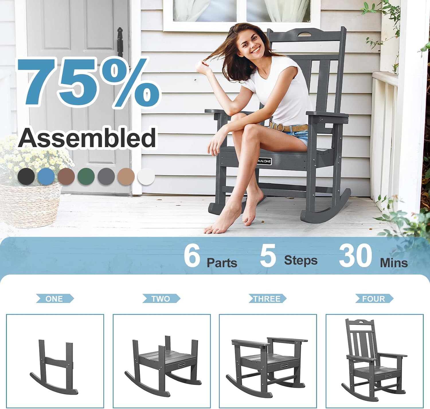 nalone Outdoor Rocking Chairs Set of 2, Oversized Porch Rocker Chair for Adult, All-Weather Resistant Patio Rocking Chair for Garden Lawn(Grey)