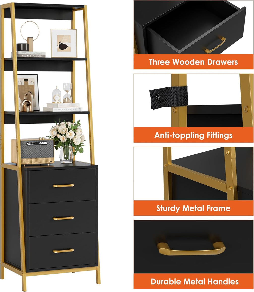 HITHOS Black Gold 4-Tier Bookshelf, Tall Bookcase with 3 Wooden Drawers, Modern Ladder Book Shlef Storage Organizer for Living Room, Entryway, Office