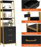 HITHOS Black Gold 4-Tier Bookshelf, Tall Bookcase with 3 Wooden Drawers, Modern Ladder Book Shlef Storage Organizer for Living Room, Entryway, Office