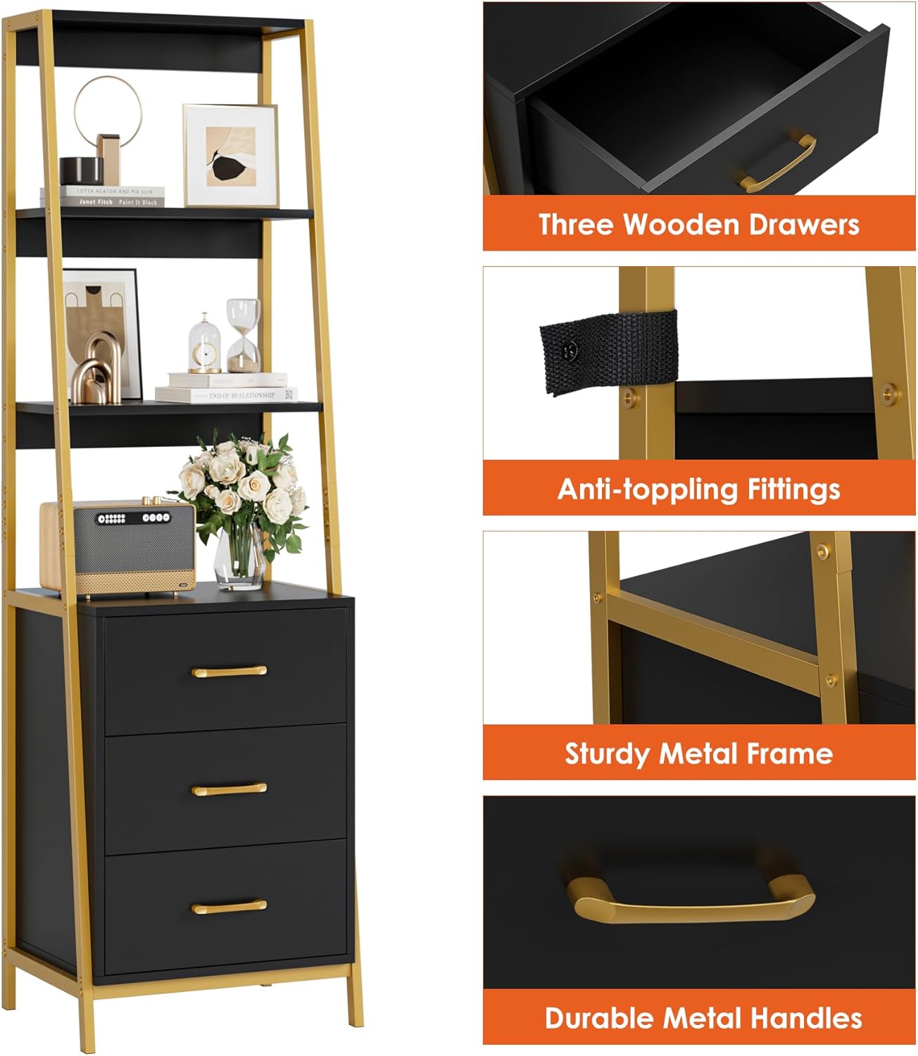 HITHOS Black Gold 4-Tier Bookshelf, Tall Bookcase with 3 Wooden Drawers, Modern Ladder Book Shlef Storage Organizer for Living Room, Entryway, Office
