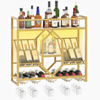 HOOBRO Wall Mounted Wine Rack with LED Light, 31.5" Wine Shelf, 3 Tier Wine Bottle Display Shelf with Glass Holder, Hanging Bar Liquor Storage Rack, for Kitchen, Bar, Gold and White DW73DBJ01
