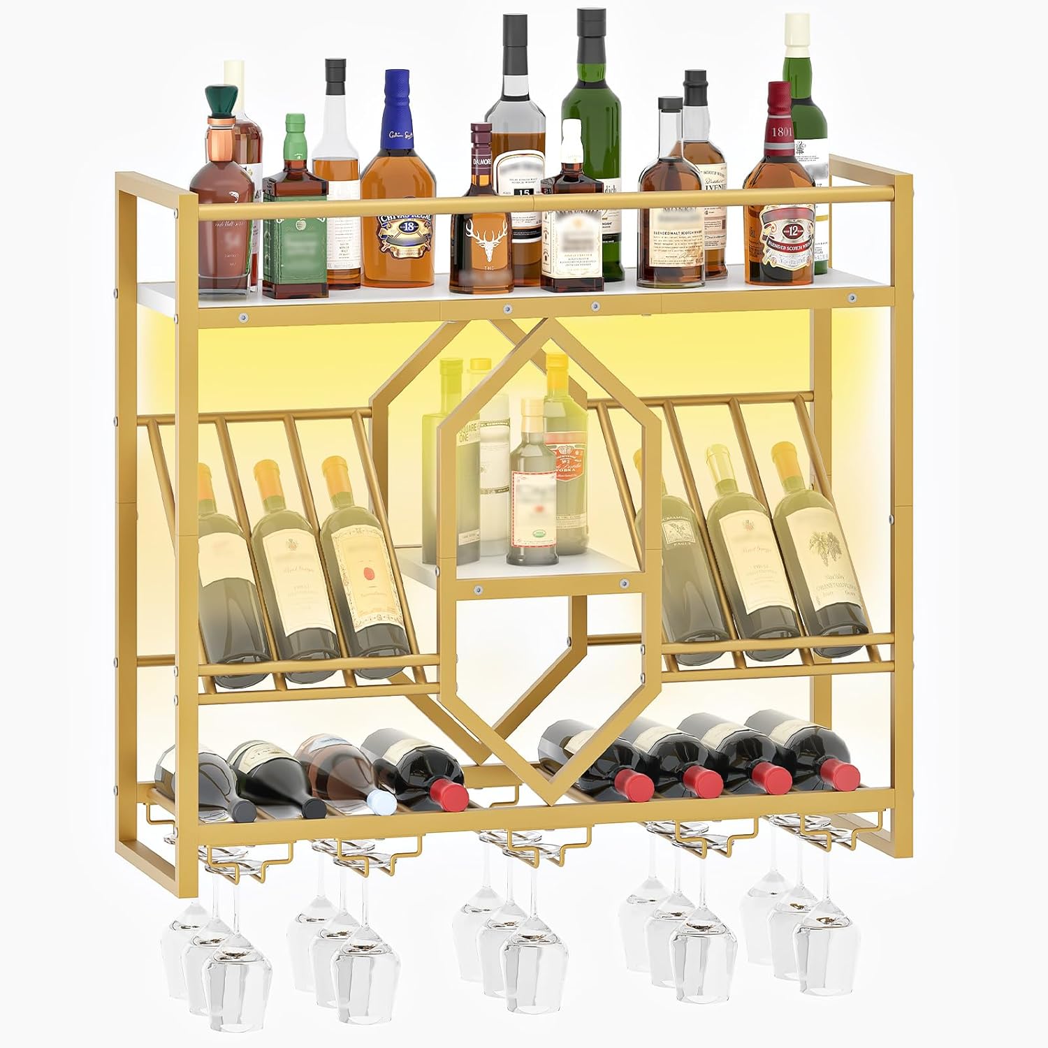 HOOBRO Wall Mounted Wine Rack with LED Light, 31.5" Wine Shelf, 3 Tier Wine Bottle Display Shelf with Glass Holder, Hanging Bar Liquor Storage Rack, for Kitchen, Bar, Gold and White DW73DBJ01