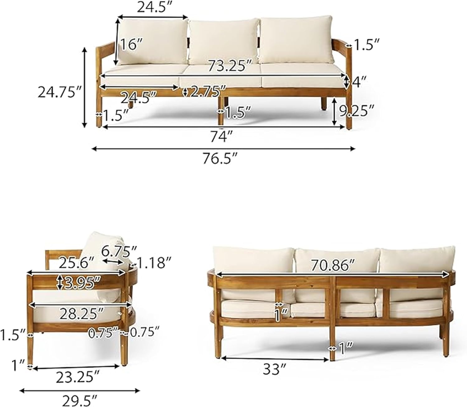 Merax 76.5" Outdoor Acacia Wood Frame 3 Seater Sofa with Cushions for Patio,Garden