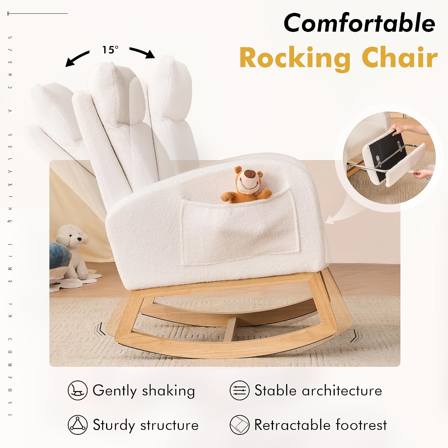 FOXHUNTER Rocking Chair for Nursery with Foot Rest Side Pocket Teddy, White | High Backrest,Headrest,Wooden Base Non-Slip Pads,Nursing Rocking Chair for Breastfeeding,Baby Bedroom,Living Room