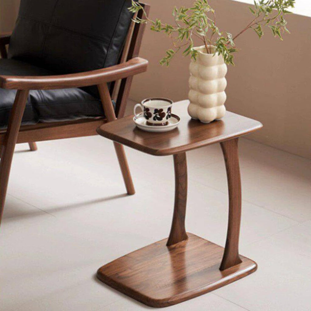 2-Tier C Shaped End Table, Wood Side Table TV Tray Table Couch Table that Slide Under for Small Space, Living Room, Bedroom