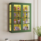 Waterproof Bathroom Metal Wall Cabinet with Light, Glass Doors & Adjustable Shelves – Green Over-Toilet Medicine Storage, Small Display Case for Collectibles