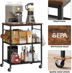 Homleke 3-Tier Rolling Kitchen Microwave Cart, Kitchen Utility Cart on Lockable Wheels, Coffee Bar Table Station with 6 S-Shaped Hooks, Small Appliance Storage Shelf, Rustic Brown and Black