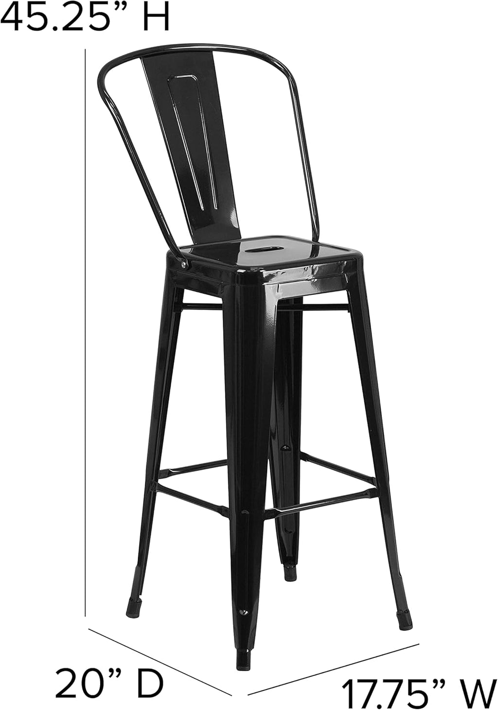 EMMA + OLIVER Commercial Grade 30" H Black Metal Indoor-Outdoor Barstool with Back