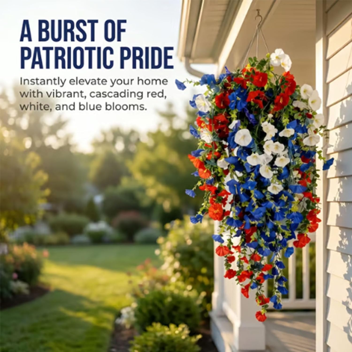 Patriotic Hanging Flower Baskets, Anniversary Porch Decor, red White and Blue Hanging Flowers, Artificial Hanging Plants red White and Blue (Without Light*2)