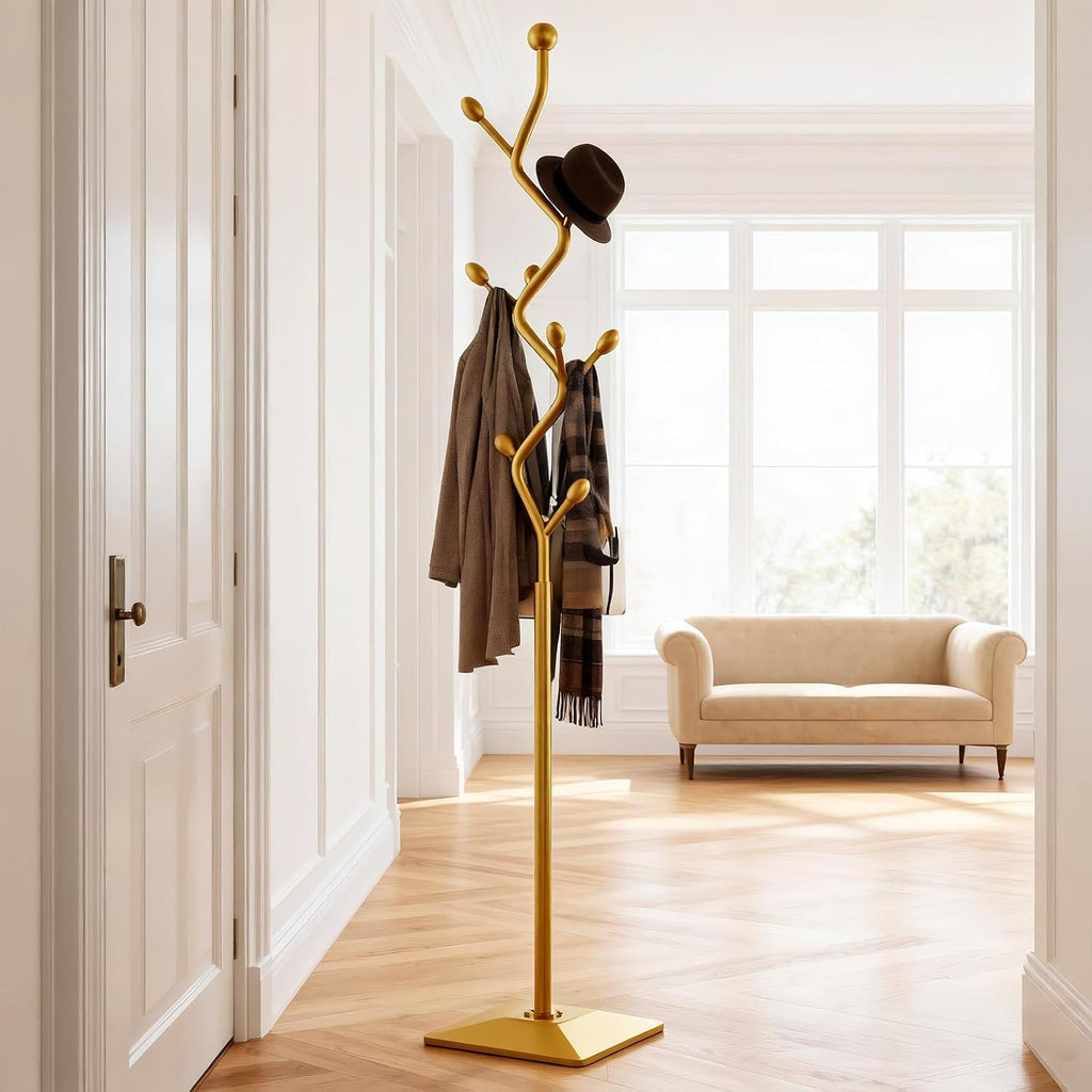 Gold coat rack,Coat Tree Freestanding heavy duty with 8 Hooks and Sturdy Metal Base for Coat Hats Purses,Tree-shaped Coat Stand for Entryway,Bedroom