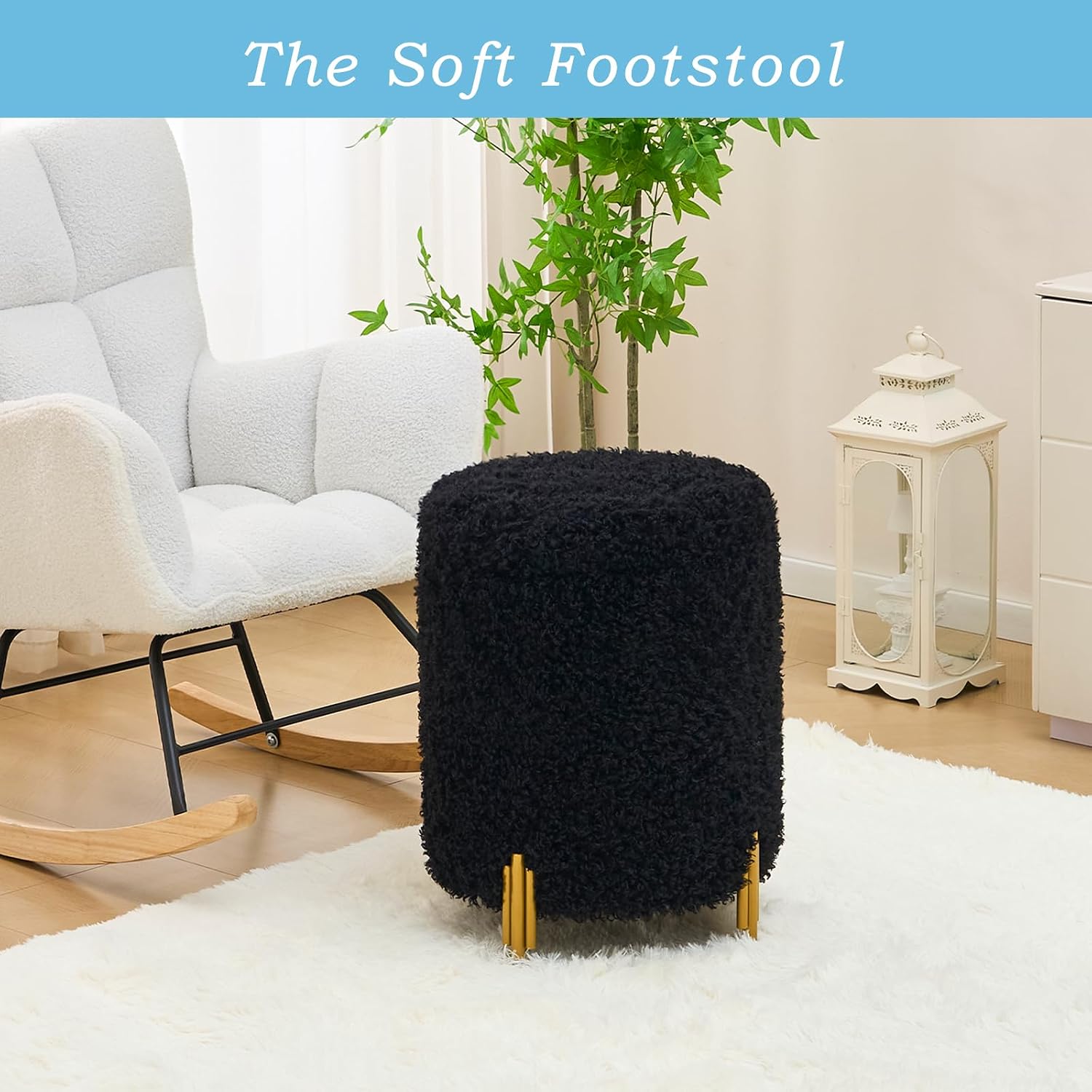 Round Ottoman Foot Stool with Storage and Metal Legs for Living Room Bedroom, Velvet Upholstered Footrest Stool Support 300lbs Modern Padded Seat Ottoman Coffee Table (Black-Long Wool)