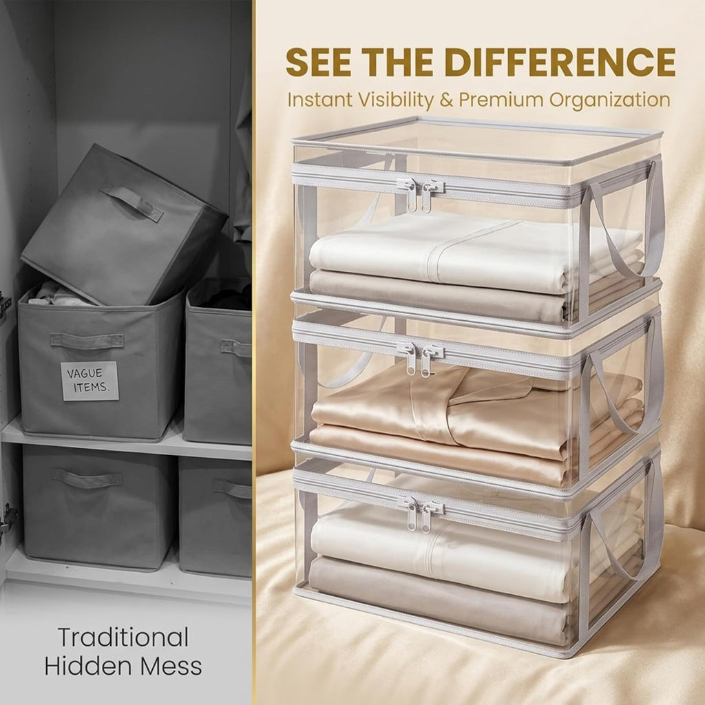 SakerPlus Large Clear Plastic Storage Box with Hinged Lid, Foldable Closet Organizer Bin with Handles, Thick PVC Storage Container for Clothes, Blankets, Bedding, Dorm (3PCS,Black,Large(30in))