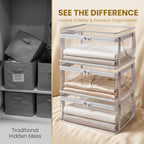 SakerPlus Large Clear Plastic Storage Box with Hinged Lid, Foldable Closet Organizer Bin with Handles, Thick PVC Storage Container for Clothes, Blankets, Bedding, Dorm (3PCS,Black,Large(30in))