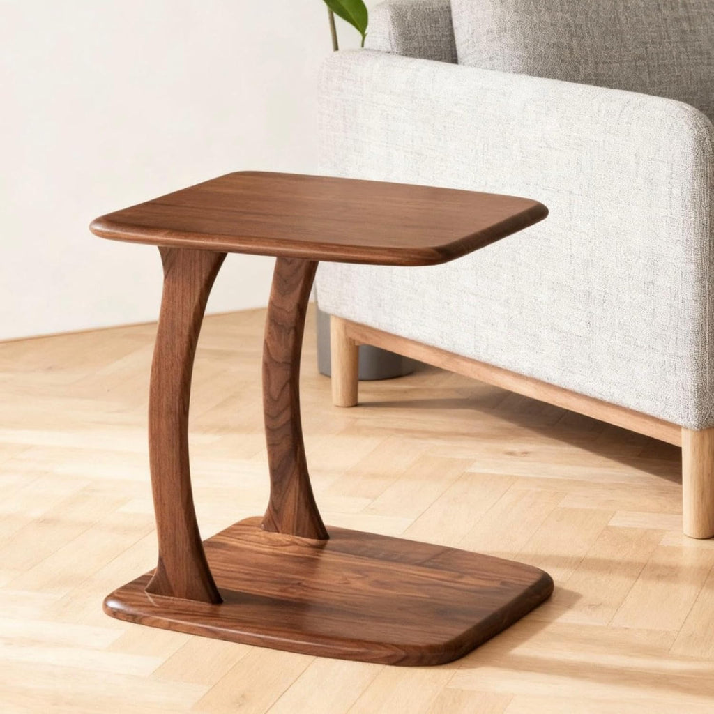 2-Tier C Shaped End Table, Wood Side Table TV Tray Table Couch Table that Slide Under for Small Space, Living Room, Bedroom