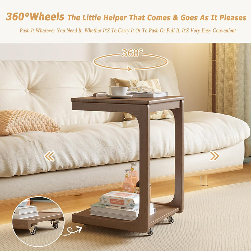 C Shaped Adjustable Solid Wood TV Tray Table with Wheels - Removable Side Tables for Couch, Ideal for Living Rooms and Bedrooms, Perfect for Narrow Spaces