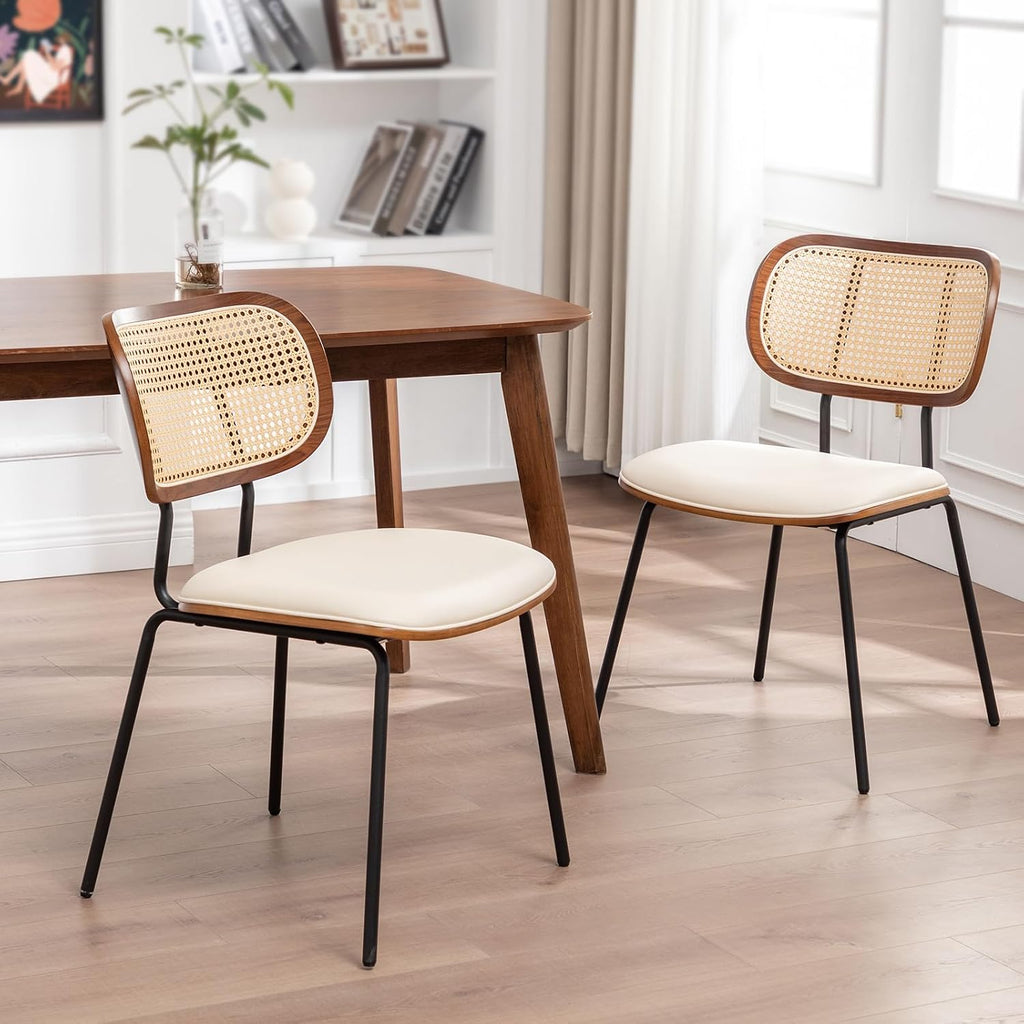 AQG Rattan Dining Chairs, Mid Century Modern Dining Chairs, Cane Back Chairs Set of 2, Cane Back Faux Leather, Kitchen & Dining Room Chairs with Metal Legs (Beige-PU, Set of 2-Rattan)