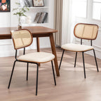 AQG Rattan Dining Chairs, Mid Century Modern Dining Chairs, Cane Back Chairs Set of 2, Cane Back Faux Leather, Kitchen & Dining Room Chairs with Metal Legs (Beige-PU, Set of 2-Rattan)