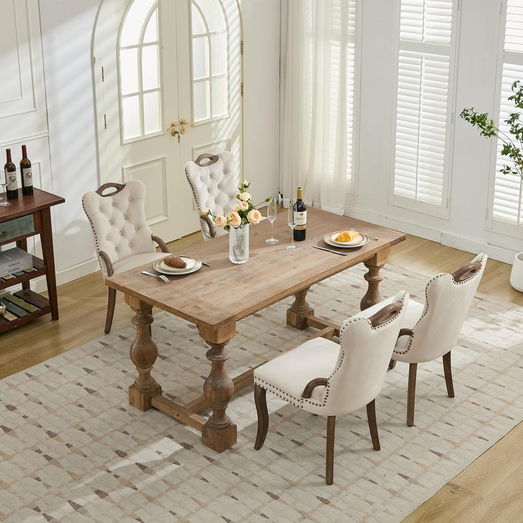 Shenyon Beige Velvet Dining Chairs Set of 4，Modern Upholstered Dining Room Chairs with Tufted Back and Wood Accents, Curved Solid Wood Legs & Nailhead Trim, Sillas De Comedor Modernas 4