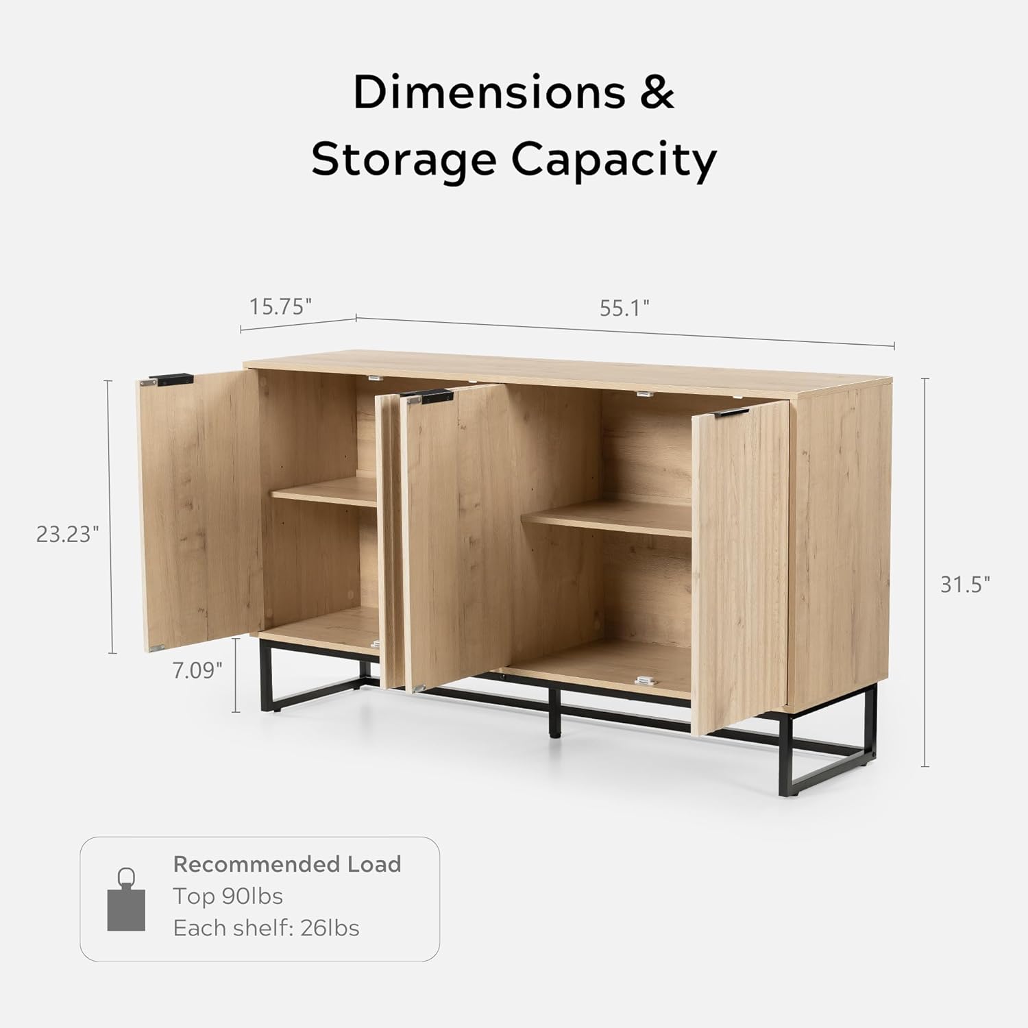 EYYTHUNG Storage Cabinet with 4 Doors, Fluted Sideboard Buffet Accent Cabinets with Adjustable Shelves, Boho Console Table Bar Storage Credenza for Living Room Dining Room Light Oak