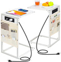 C Shaped End Table Set of 2, TV Tray with Charging Station, USB Ports and Outlets, Slide Under Couch, Storage Bag, for Small Spaces (White)