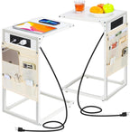 C Shaped End Table Set of 2, TV Tray with Charging Station, USB Ports and Outlets, Slide Under Couch, Storage Bag, for Small Spaces (White)